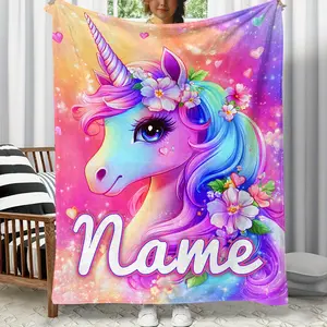 1 Piece Custom Name Beautiful Colorful Floral Unicorn Print Portable Blanket - Lightweight Flannel Throw Blanket, Suitable for Sofa, Bed, Travel, Camping, Living Room, Office, Chair, and Bed - Digital Print Soft Warm Flannel Fabric