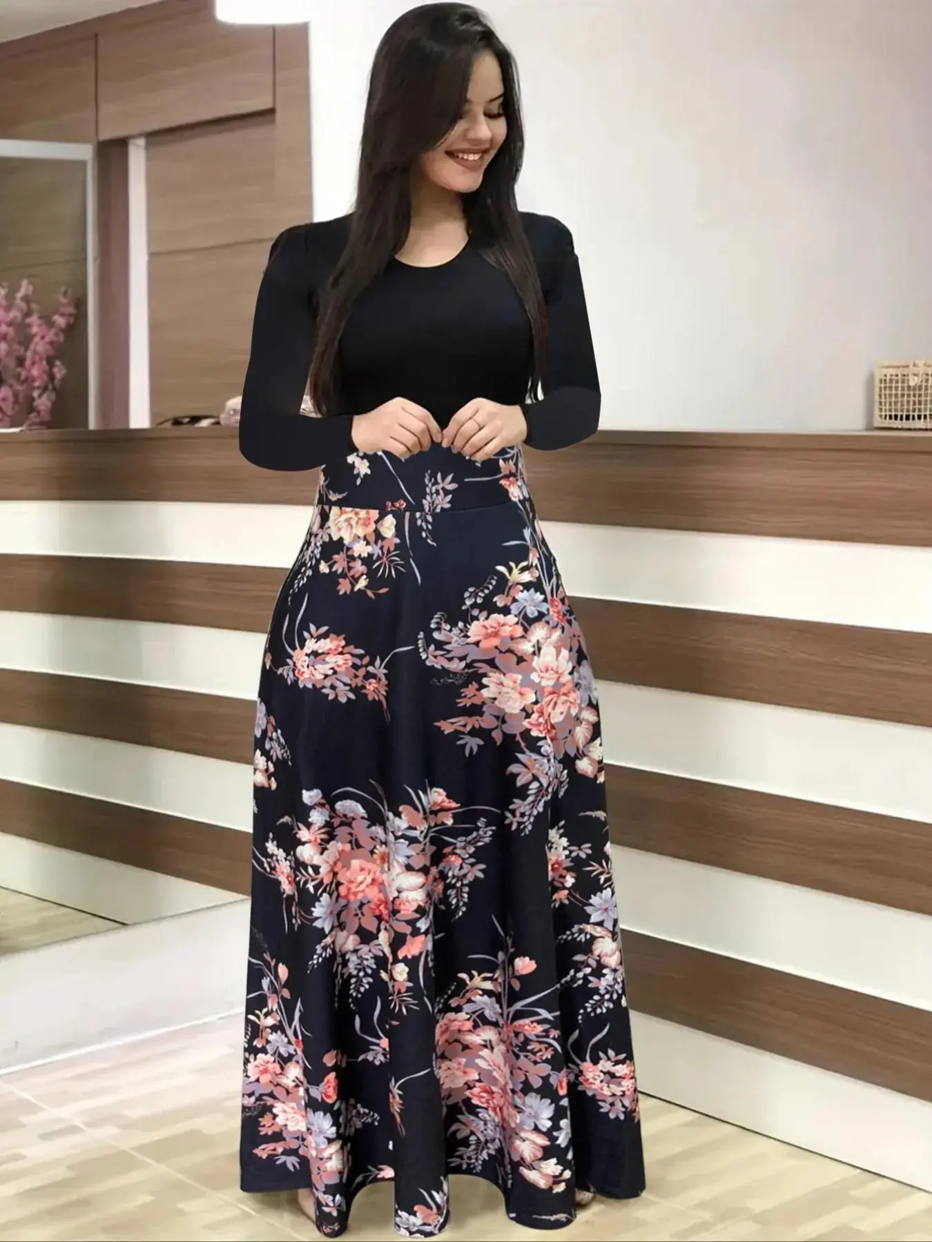 Printed Spliced Long Sleeve Dress, Elegant and Comfortable Round Neck, Spring Summer Everyday Waist-Cinching Maxi Dress, Women's Fashion Bestseller