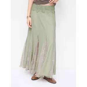 Cider Textured Mid Rise Lace Patched Mermaid Midi Skirt