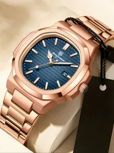 Luxury Men's Square Luminous Waterproof Calendar Stainless Steel Watch, Modern Fashionable Wristwatch, High-Quality Quartz Business Watch, Perfect Gift for Family and Friends