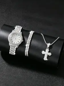Women's Full Diamond Watch Set, Jewelry Watch Set, Roman Numerals Quartz Watch + Bracelet + Cross Necklace, Hip Hop Style Three-Piece Accessory Set, Trendy and Versatile