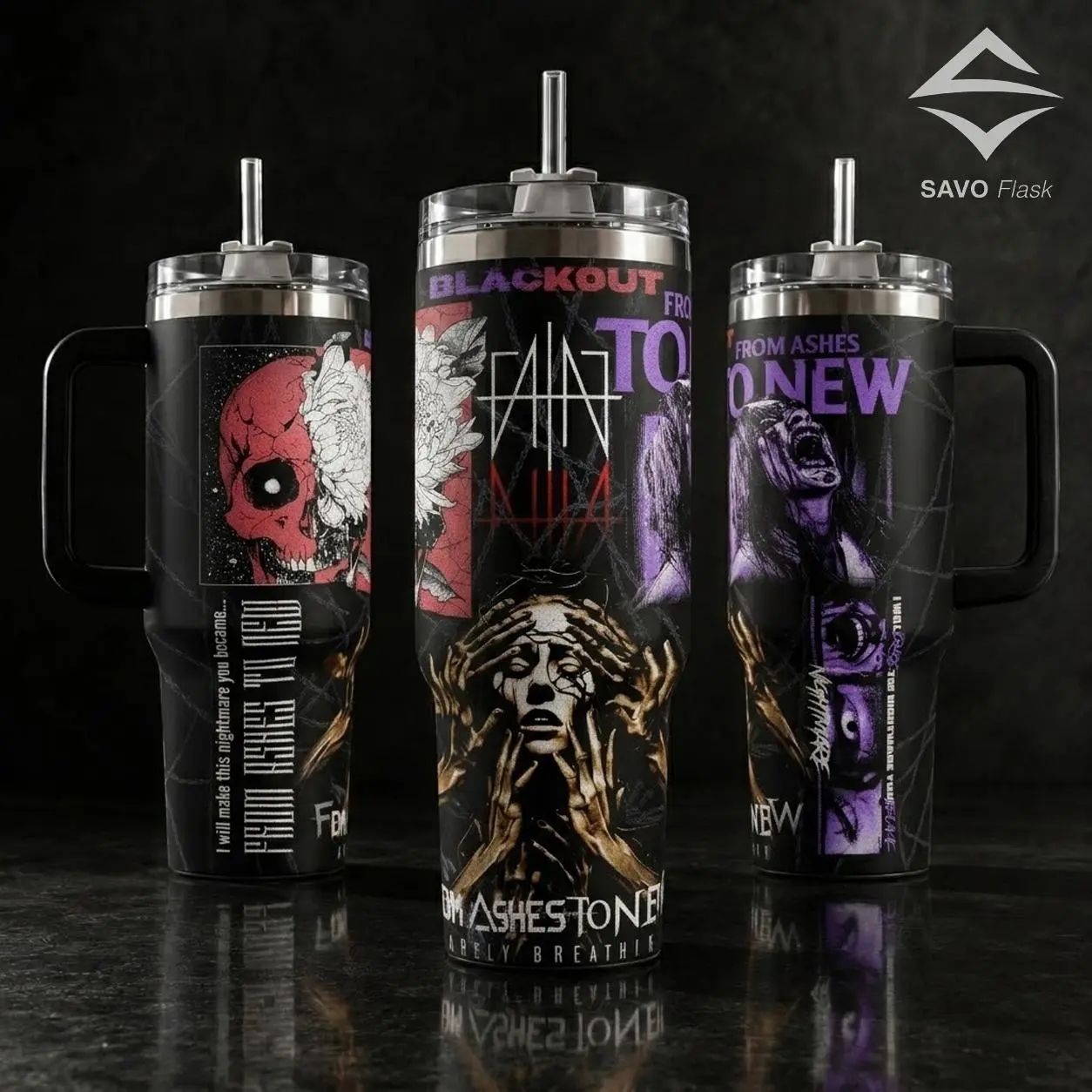 From Ashes to New FATN Tumbler 20oz 40oz with Handle Straw. Blackout Nightmare Barely Breathing Band Merch Stainless Steel Insulated Travel Mug Gift for Music Fans Nu Metal Rock Reusable Water Bottle