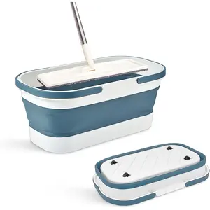 Foldable plastic bucket with wheels, 12 liters (3.17 gallons), suitable for home cleaning, camping, and RVs - Multifunctional rectangular cleaning mop basket - Lightweight and portable (blue)