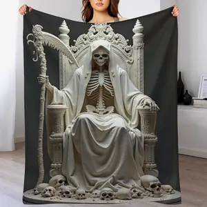 Grim Reaper with a sickle and the Skeleton Throne Flannel Blanket, Day of the Dead Art Print Pattern,Soft Cozy Lightweight Warm,Suitablefor Halloween Decor,Home Decor,Living Room,Bedroom,Sofa,Travel,Perfect Gift for Birthday,Anniversary