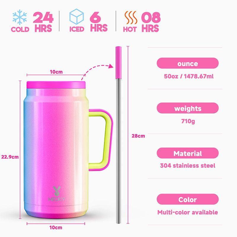 Meoky [Live Exclusive] 50 oz Tumbler with Handle and Straw, Stainless Steel Vacuum Insulated Tumbler with Lid and Straw, Keeps Cold for 36 Hours, 100% Leak-proof, BPA-Free, Non-slip Base,Vacuumflask Drinkware
