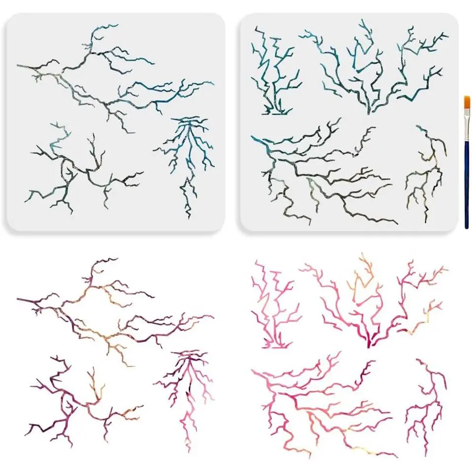 7 Styles Lightning Stencil 11.8x11.8inch Lightning Bolt Painting Stencil with  Brush  Weather Nature Storm Drawing Templates for  Canvas Paper Fabric Wall Glass