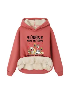 Women's Cartoon Dog & Letter Print Plush Lined Furry Paw Hoodie, Cute Casual Long Sleeve Hooded Sweatshirt for Fall & Winter, Women's Clothes for Daily Wear