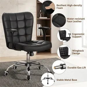 Modern PU Leather Swivel Office Chair, Upholstered Vanity Chair with Detachable Padded Arms, Height-Adjustable & Tiltable Accent Chair for Living Room, Bedroom, Office (Pink/White/Black)