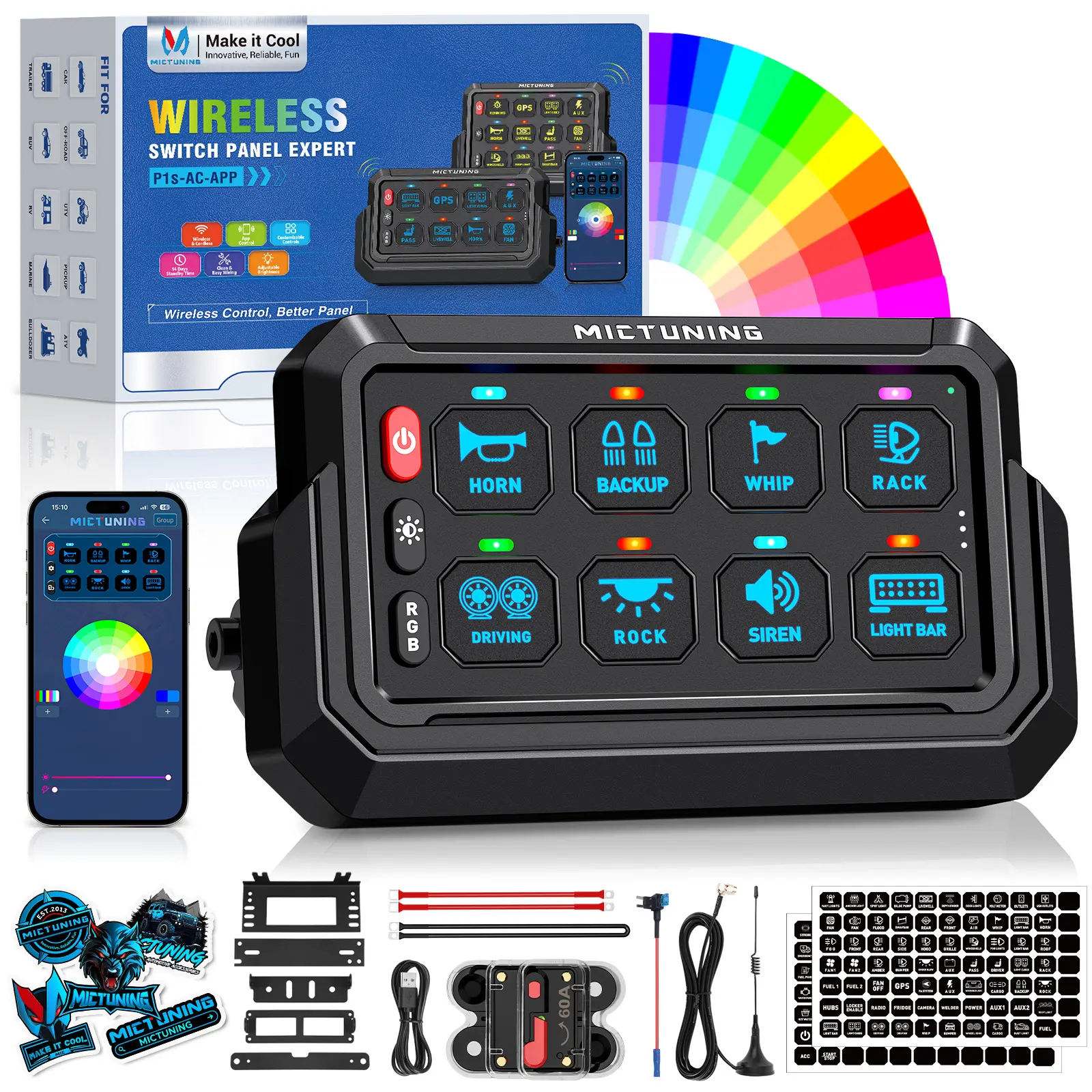 MICTUNING P1s-AC APP+Wireless RGB Switch Panel with Bluetooth Control, 8/12 Gang, 262FT Range, Aluminum Alloy 4 Control Modes