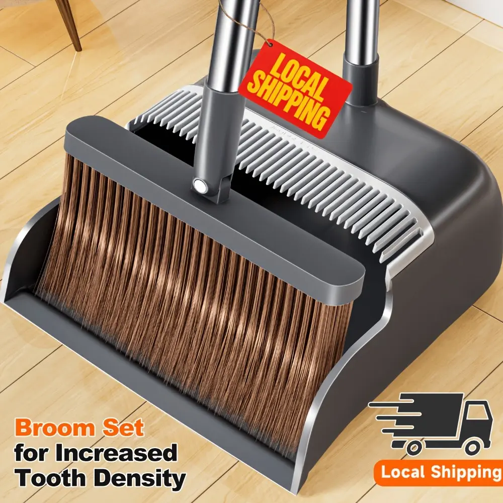 JOYBOS Broom and Dustpan Set, Long Handle, Extended Comb Teeth, Unflagged Bristle, Upgraded Design, with Plastic Processable Materials, for Hard Floor, Living Room, Bedroom, Outdoor, Car, Patio, Office, Home, Kitchen, Indoor and Outdoor Sweeping
