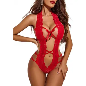 Women Deep V Halter Lingerie Teddy One Piece Bodysuit Lace Babydoll