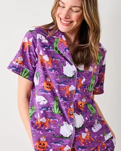 Halloween House Cats - Short Sleeve Top & Cropped Pants Set - Purple Tonic