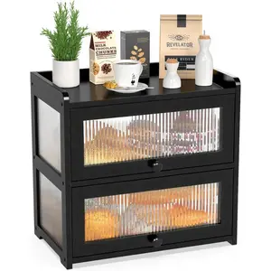 Bread Box for Kitchen Counter, Double Layer Bread Storage Container Farmhouse Bread Box with 4 Sides Transparency, Breadbox Bin Holder for Homemade Bread, Black