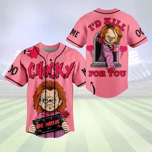 Custom Chucky Doll Baseball Jersey, Child Play Jersey Shirt, Funny Chucky Jersey, Chucky the Series Baseball Shirt, Horror Movie Jersey Pink