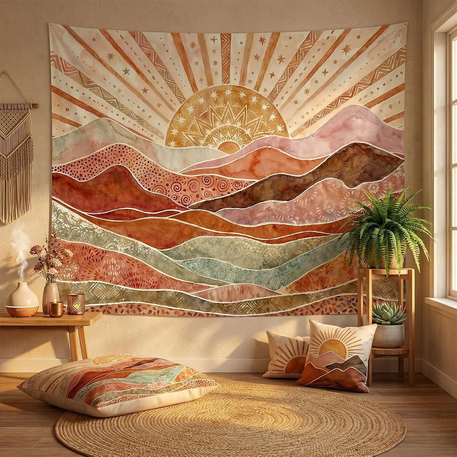 Yeoiat Boho Aesthetic Wall Tapestry - Watercolor Desert Sun & Terracotta Sage Mountain Landscape, Machine Wash 60"x44" Hanging for Bedroom, Room Decor & Aesthetic Wall Decor (Gift Option)