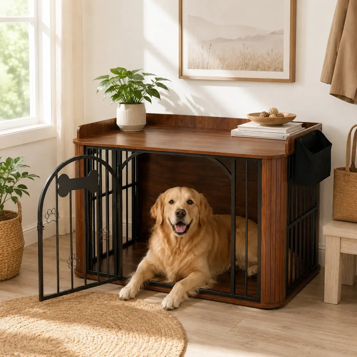 INTERGREAT 40" Wooden Dog Crate End Table with Magnetic Doors, Removable Storage Bag, Safety Rounded Corners, and Elegant Design for Medium Dogs - Chic Indoor Pet Furniture