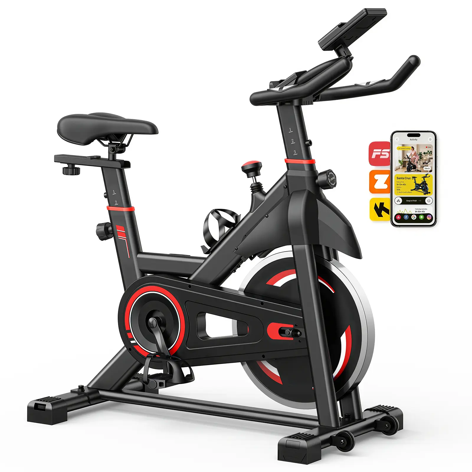 Exercise Bike with APP Control, Quiet Magnetic Resistance, Indoor Cycling Workout Bike – 300 lbs Weight Capacity for Home Gym Living Room, Red