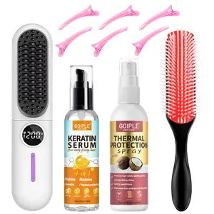 10 Count Wireless Hair Straightening Comb Kit Portable Fast Heat Adjustable Thermal Brush Cordless Straightener Heated Curler Lightweight