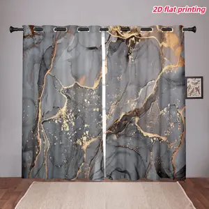 2D Flat 2Pcs 2-piece, modern abstract ink marble curtain panel, gold foil texture, with loop, perforated design, semi sunshade polyester fiber, suitable for home living room, bedroom, balcony, kitchen, study and shower window decoration,