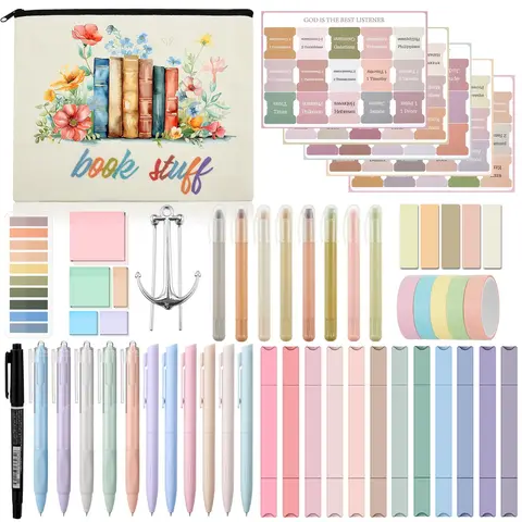 55pcs Bible Journaling Annotation Kit with Canvas Bag, Gel Pens, Highlighters, Tabs, Sticky Notes, Markers, Magnetic Bookmarks, Adhesive Stickers - Classroom Supplies, Visual Learning Tools, Back to School Shopping Gift for Students