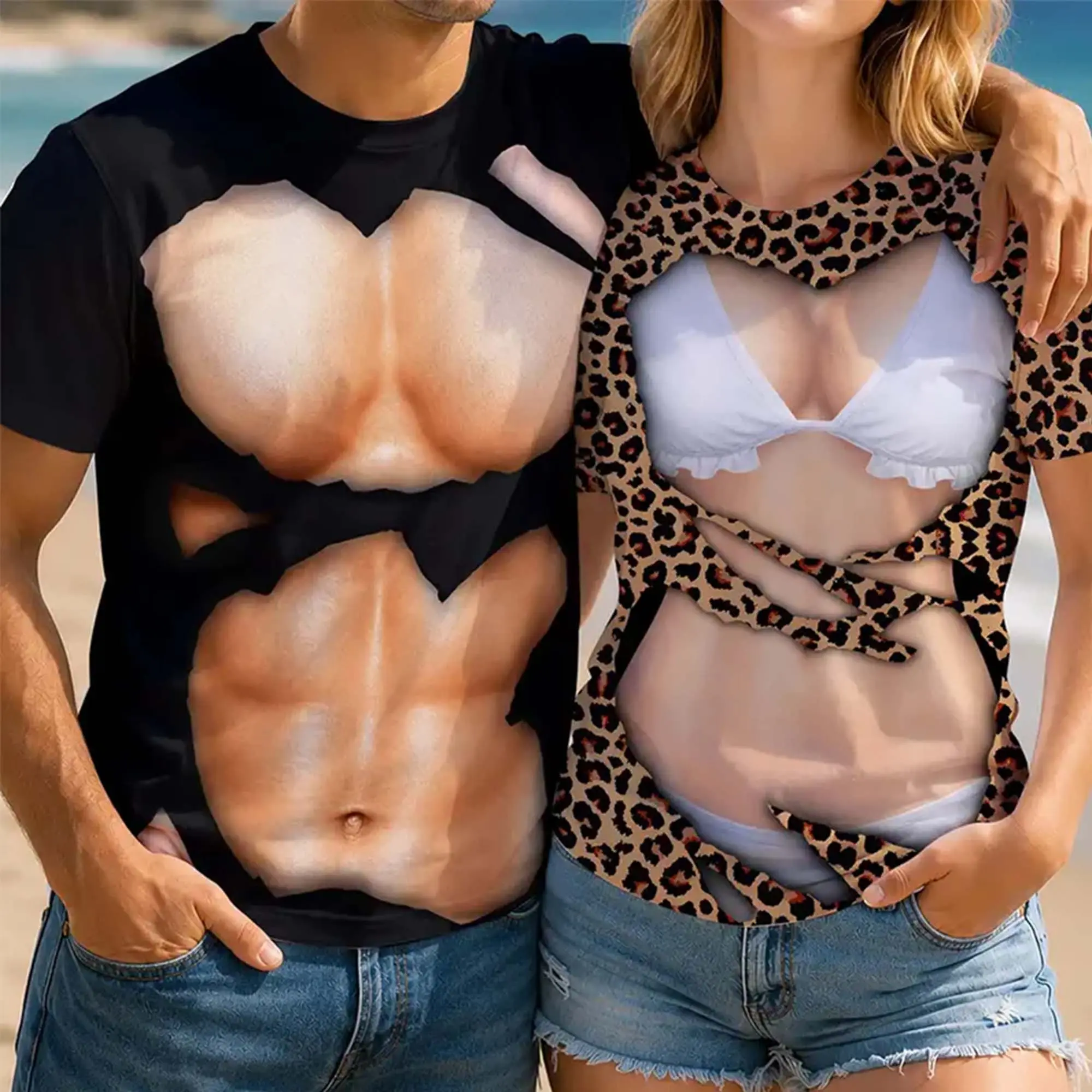 [Made-to-Order] RodyThread Custom 3D Funny Bikini Body Muscle Six Packs Couple Wedding Personalized Full Print T Shirt Custom Ripped Muscle & Bikini Gag Shirts, Matching Honeymoon Shirts 2026 Funny Anniversary Gift