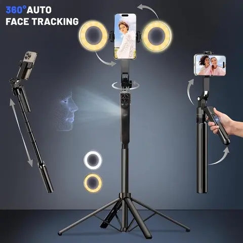 69.6" Long Automatic Face-Tracking Telescopic Selfie Stick Tripod - 360° Rotatable, Fill Lights, Remote Control, Gesture Control, Portable Phone Accessories for Vlogging Equipment, Live Streams, iPhone/Cameras, Smartphone