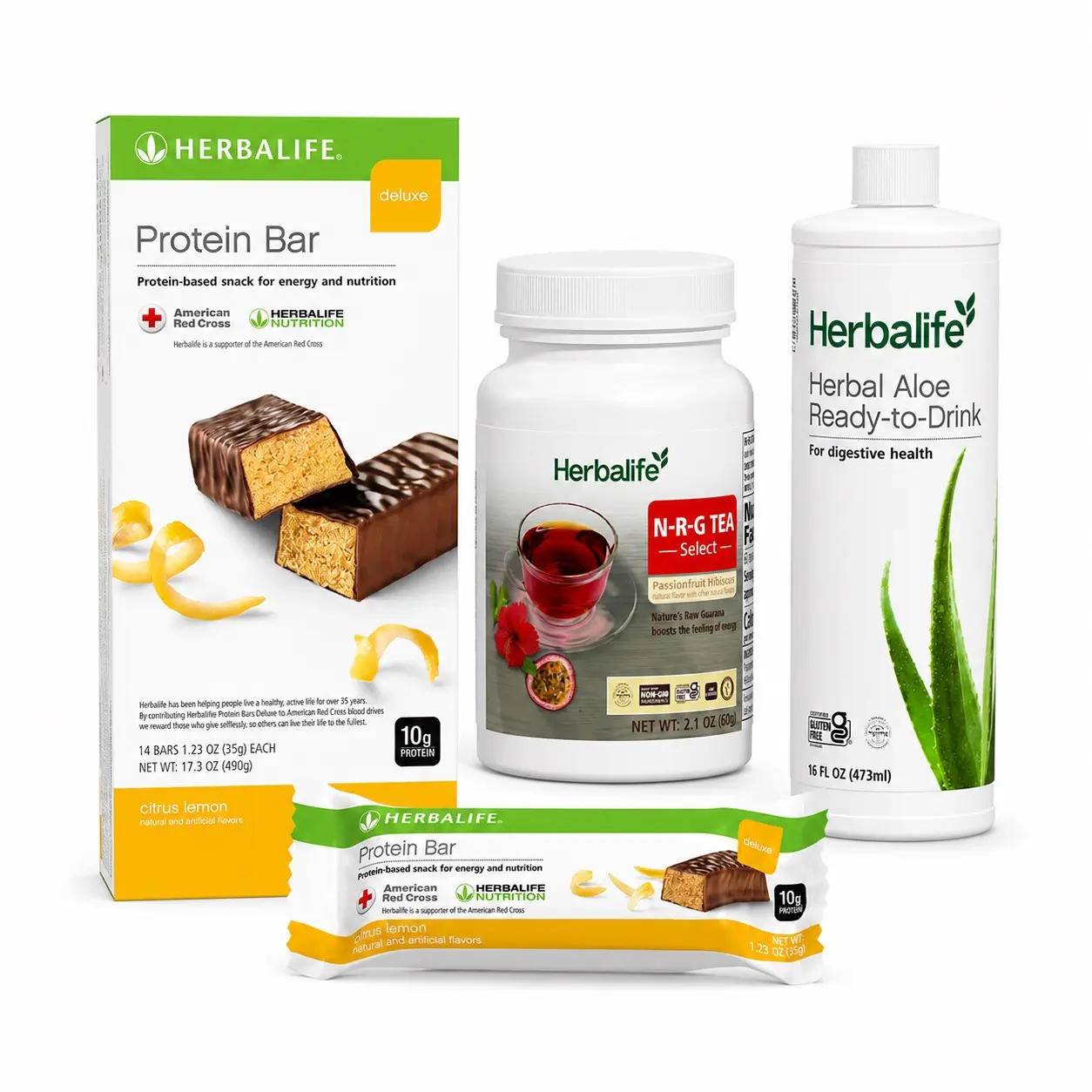 Herbalife Daily Wellness Dietary Supplement Combo - High Protein Nutrition Bar, Energy N-R-G Tea, Citrus Lemon Ready-to-Drink Aloe Healthcare Beverage for Healthy On-the-Go