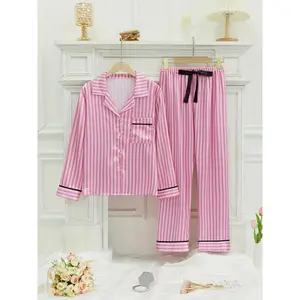 Women's Striped Pocket Lapel Neck Pyjama Set, Comfy Button Down Long Sleeve Shirt & Tie Front Pants Lounge Set, Pajama Sets Women, Pj Sets for Women, Sleepwear for Spring & Fall, Gifts Set for Mum