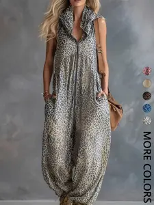 1 Piece Women's Summer Leopard Hooded Zip Up Jumpsuit, Loose Harem Streetwear Outfit