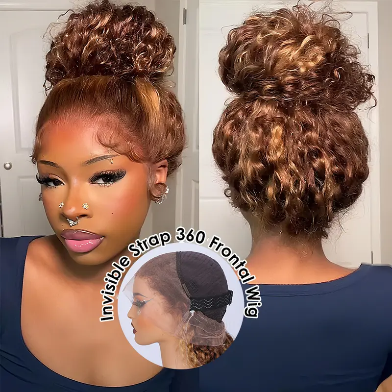 Pizazz Hair 4/27 Highlight Ombre Color 360 Full Lace Frontal Water Wave Glueless Wig With Invisi Drawstring Pre-bleached Knots Human Hair Wig