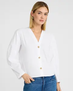 Express Stretch Cotton Poplin V-Neck Barrel Sleeve Button Up Top