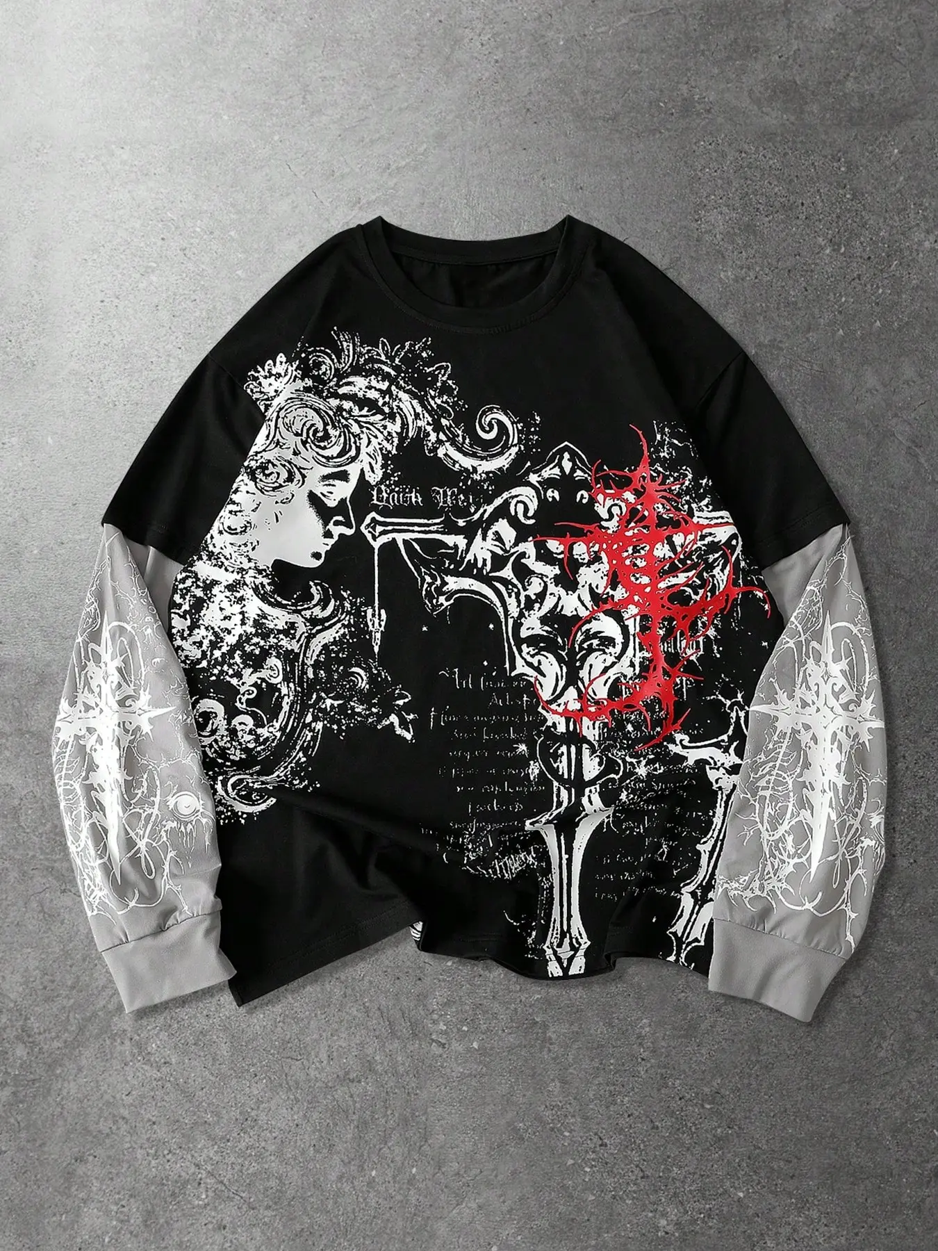 Men's Colorblock Sleeve Long Sleeve T-Shirt, Gothic & Avant-Garde Style, Religious Print, Urban Alternative Fashion, Streetwear, Menswear, Fall&winter