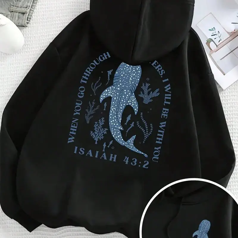 When You Go Through Waters I Will Be With You Double Print Hoodie, 270G Brushed Fleece Whale Shark Isaiah 43:2 Ocean Christian Hooded Sweatshirt, Religious Nature Aesthetic Casual Pullover For Men Women