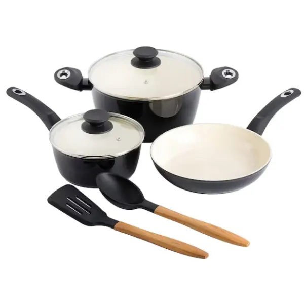 Forged Aluminum Cookware Set, 7 Piece, Black, Kitchen Pots and Pans Set for Everyday Cooking
