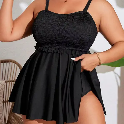 Plus Size, Solid Tankini Set, Casual Swim Top & Swim Bottom Two-piece Swimsuit for Beach Holiday Vacation, Women's Swimwear, Bathing Suits, Modest Swimming Wear, Summer Tankini Beach, Tankini Swimsuits Women, Tankini Bottoms Set, Tankini Beachwear
