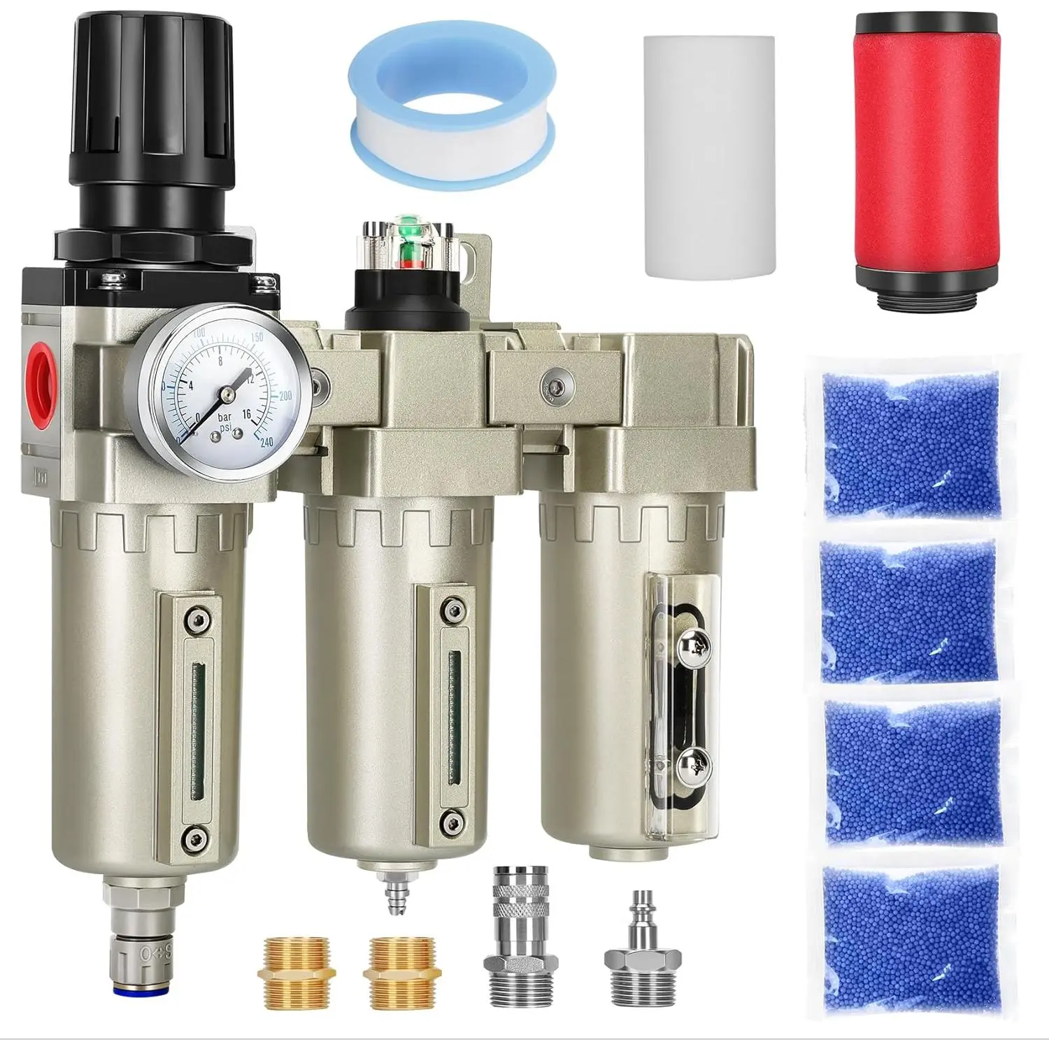 1/2" NPT Industrial Air Compressor Air Dryer - 3-Stage Water Oil Separator with Gauges, 1/4" NPT Gauge Ports, 240 PSI, Desiccant Beads, Auto Drain, Visual Window Filter, Easy Maintenance for Plasma Applications