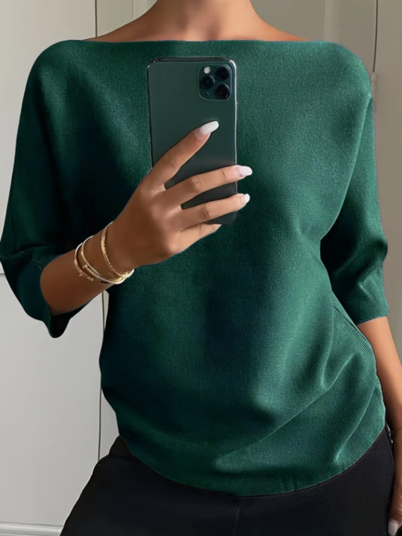 Women's Three-Quarter Sleeve Knit Pullover, Basic Elegant Large Neckline Sweater, Versatile Solid Color Top, Spring Summer Fall Knitted Shirt, Knit Pullover Tops