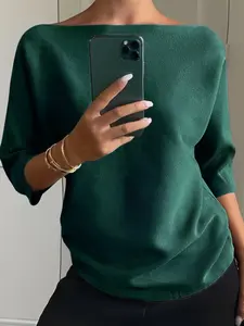 Women's Three-Quarter Sleeve Knit Pullover, Elegant Casual Large Neckline Sweater, Versatile Solid Color Top, Spring Summer Fall Knitted Shirt