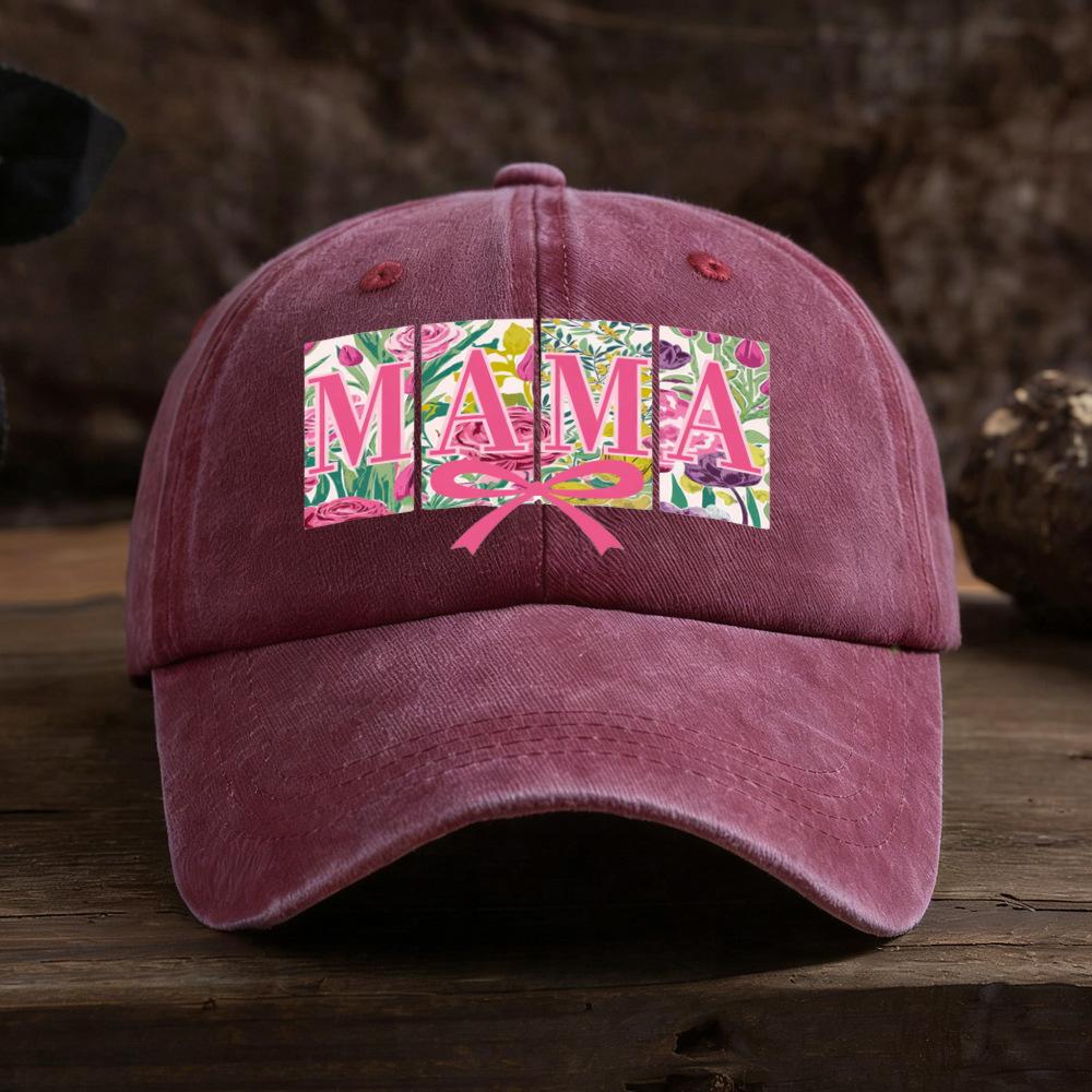 Retro washed cap baseball cap MAMA Mother's Day letter bow print Vintage retro adjustable cross-border holiday gift sun protection