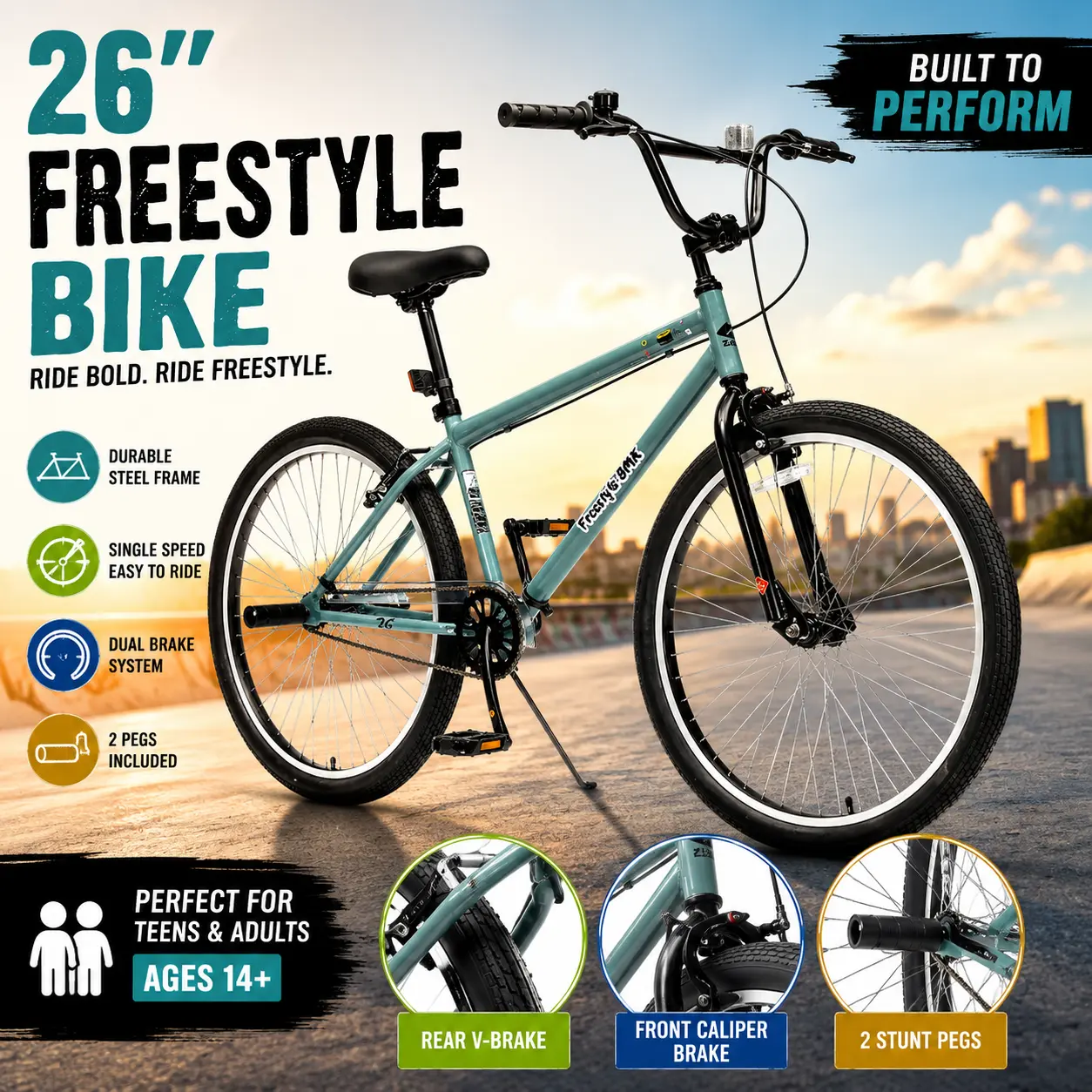 26-Inch Hybrid Bikes, Unisex Aluminum BMX, Single Speed Casual Cruiser for Teens & Adults, Adjustable Freestyle Bike for Street & Park, 26X2.35 Wheels, Adjustable Seat, Freestyle Riding, Height-Fit