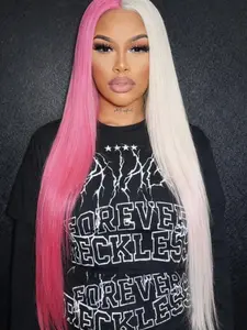 26 Inch Split Pink & White Middle Part Straight Wig Heat Resistant Synthetic Hair Glueless Perfect for Daily Wear & Parties