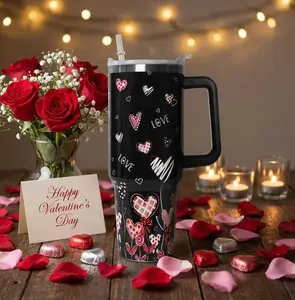 Valentine Love Hearts 40oz Tumbler With Handle Stainless Steel Insulated Travel Mug Romantic Gift for Her Wife Girlfriend Perfect for Valentine's Day or Anniversaries Double Wall Vacuum Design