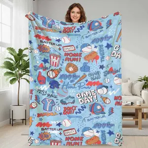 Baseball game pattern flannel blanket, sports-themed print featuring bats, baseballs, jerseys, and hot dogs, soft, comfortable, lightweight, and durable, making it a perfect gift for children.