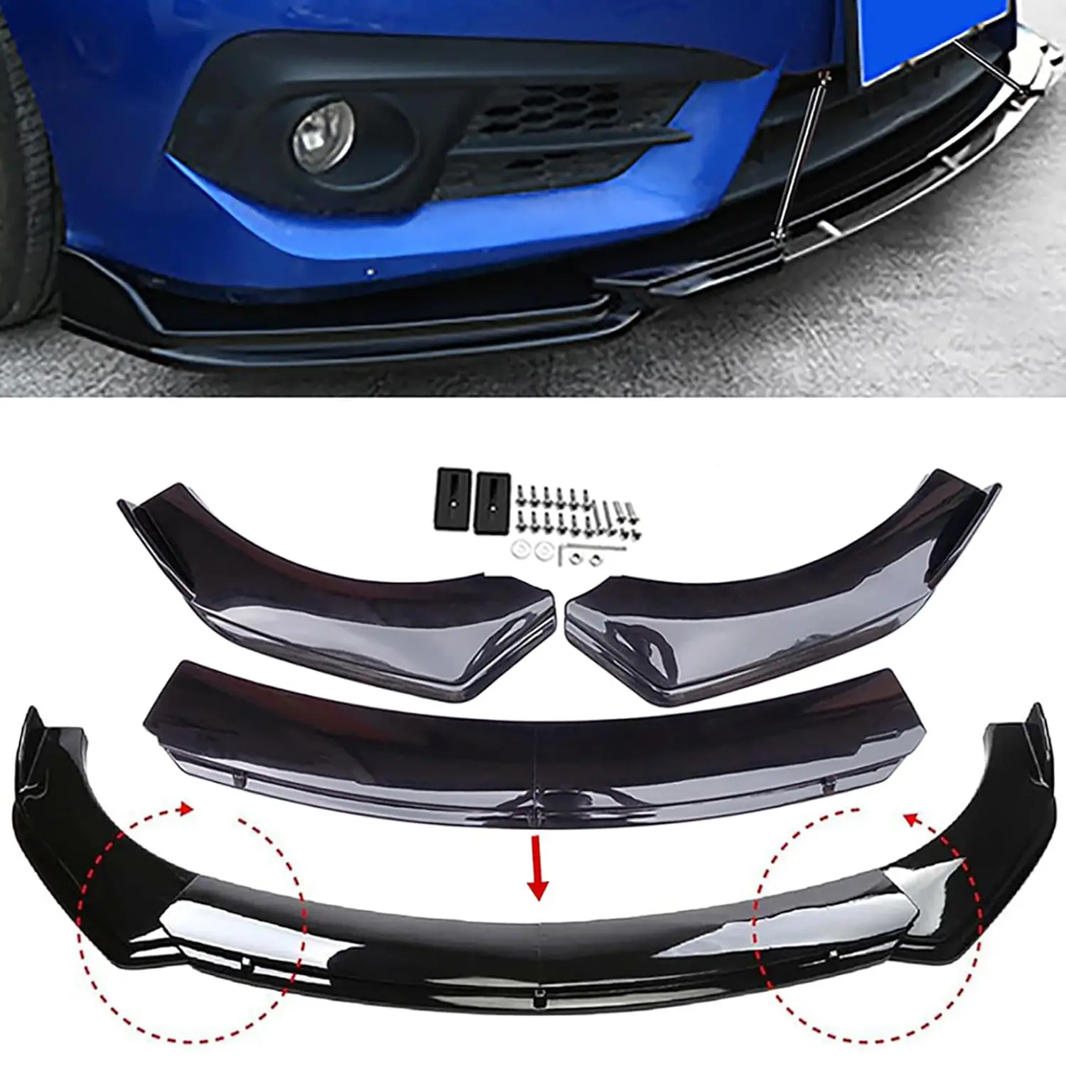 Universal Front Bumper Lip Chin Spoiler Splitter Diffuser Wing Protector Trim Sticker Car Body Kit,Fits for Honda Nissan Toyota Mazda Mitsubishi,Compatible Most Sedan Vehicles -4 Section Set