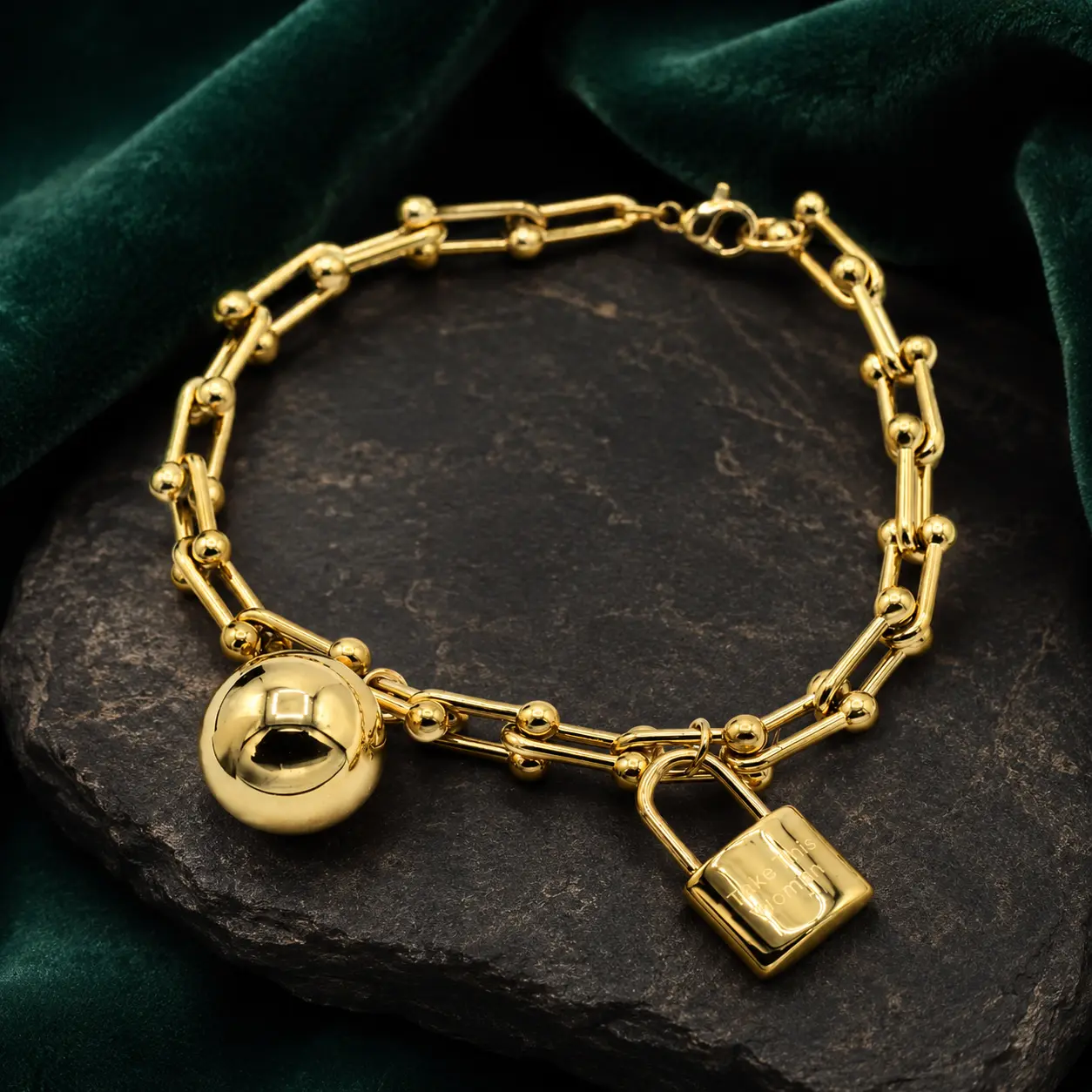 Stainless Steel Ball and Lock Bracelet - Fashion Costume Jewelry with Round Balls, Unique Charm, Lock Pendant, 2 Sizes (7 Inches Option), for Casual/Formal Accessorizing