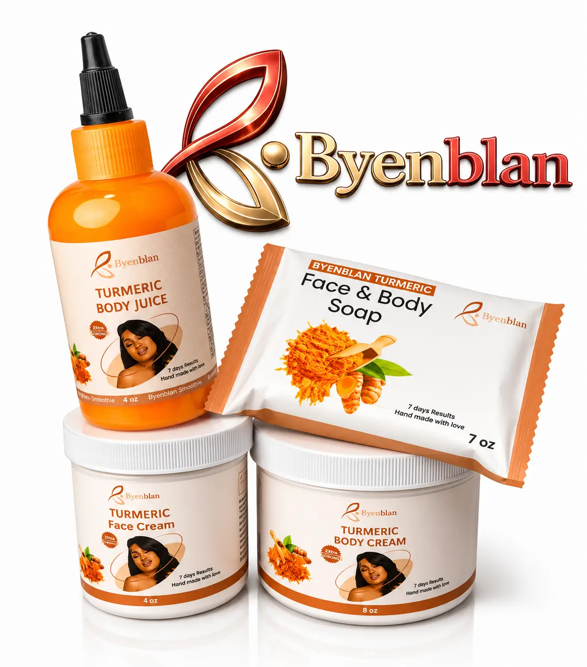Ansley Boutik Byenblan 4-Piece Turmeric Set - 7 oz Facial Cleanser Soaps, 1x4 oz Juicy Body 4 oz,1 Turmeric Face Cream,& 1 Body Cream 8 oz