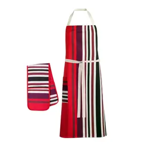 Monte Carlo Red Striped Apron & Double Oven Mitt Set – European Cotton Kitchen Linens – Soft Artistic Design – Giftable & Functional