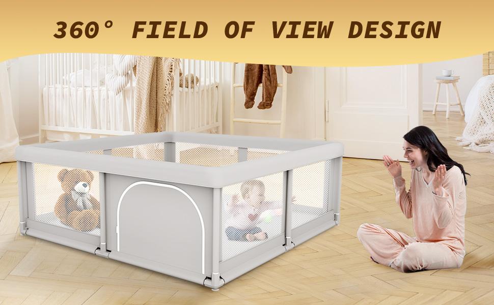 Large Oxford Floor Playpen for Baby - Full Vision Polyester Mesh Sturdy Safe Playard, Portable Indoor Play Equipment, Easy Assemble Playard, Anti-Slip Suction Cups, Quick Setup, Toddler-Use