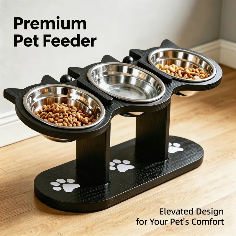 Adjustable Elevated Wood-Steel Cat Feeder Stand with 3 Removable Stainless Steel Bowls - Animal Water Bowl Compatible, Slow Feeder, 2 Heights Adjustable (3.7in & 6.3in), Anti-Slip Base, Mess-Free, Easy Disassembly & Cleaning, Cat Neck Relief