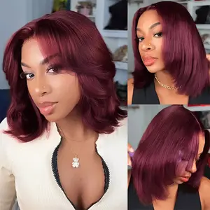[200% Density] Wiggins Hair Glueless 99J Layered Cut Yaki Straight Bob Wig Burgundy 13*4 Lace Front Wigs Human Hair with Adjustable Drawstring Ready To Go Pre Plucked Beginner Friendly